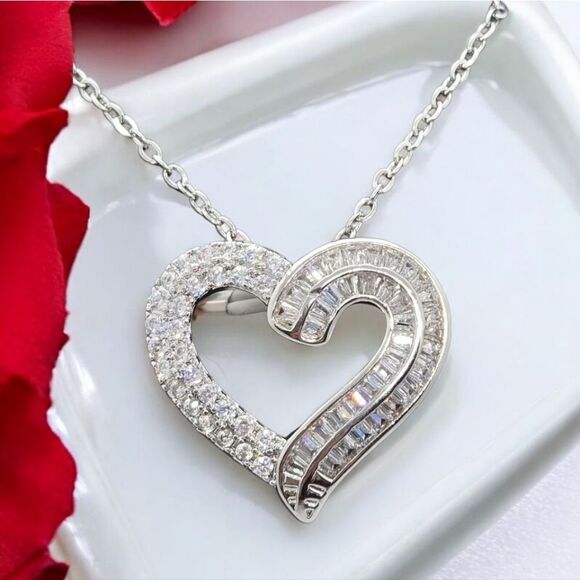 Silver CZ Heart Necklace Channel Set Baguette Open Heart Pendant Sparkly Pave - Picture 7 of 11